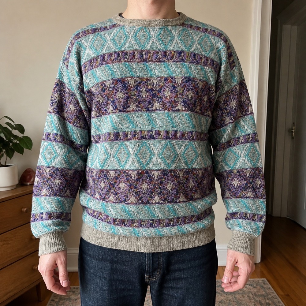 Progetto Mens L Multicolor Geometric Knit Crewneck Vintage Made in Italy (2372)
